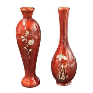 Vintage Japanese Red Lacquered Wood Vases with Mother of Pearl Floral Inlay 2